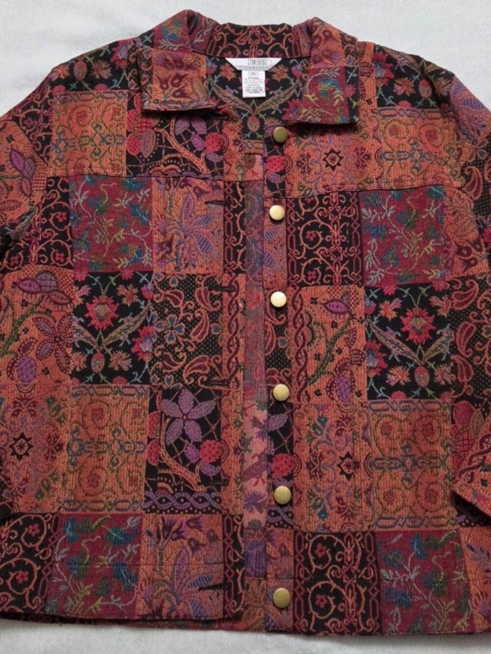 Patchwork-Print Button Front Jean Jacket in Rust Multi - Unbranded